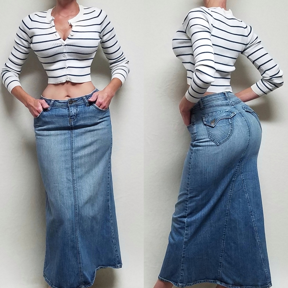Vintage 90s LEI Ashley Low Rise Paneled Mid Wash Stretchy Denim Maxi Skirt 4 - Picture 1 of 12